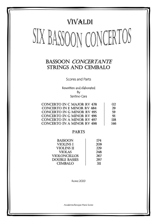 Vivaldi Six Concertos Bassoon and Orchestra scores and parts