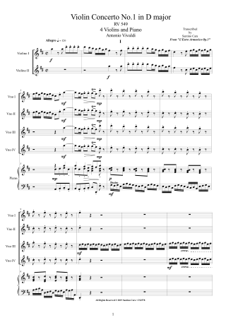 Vivaldi Concerto No1 RV549 Score 4 Violins and Piano