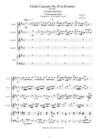 Vivaldi Concerto No10 RV580 Score 4 Violins and Piano