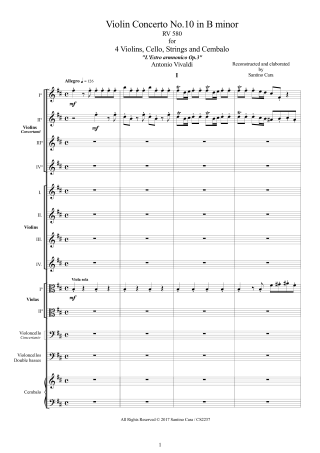 Vivaldi Concerto RV580 Score 4 Violins and Orchestra