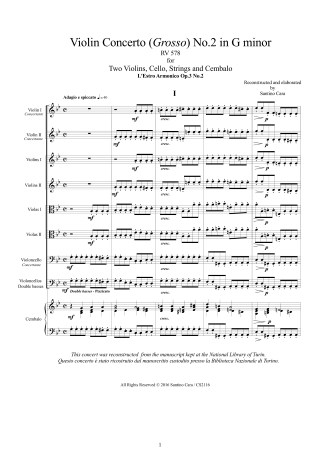 Vivaldi Concerto RV578 Score Two Violins and Orchestra