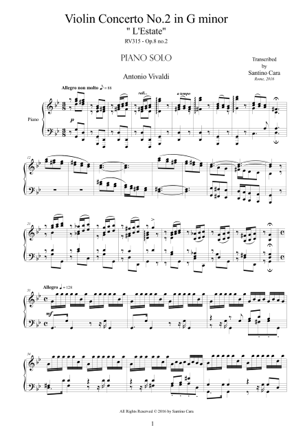 Vivaldi Concerto No2 Summer Piano Score