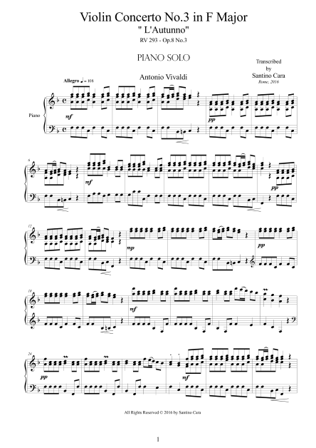 Vivaldi Concerto No3 Autumn Piano Score