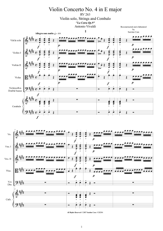 Vivaldi Concerto No4 RV263 Score Violin and Orchestra