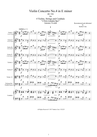 Vivaldi Concerto RV550 Score 4 Violins and Orchestra