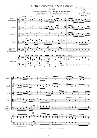 Vivaldi Concerto No5 RV285 Score Violin and Orchestra
