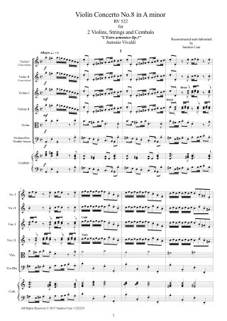 Vivaldi Concerto RV522 Score Two Violins and Orchestra