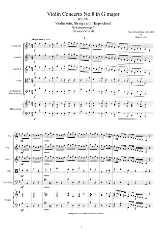 Vivaldi Concerto No8 RV299 Score Violin and Orchestra