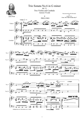 Vivaldi Sonata No6 score pdf two violins and piano